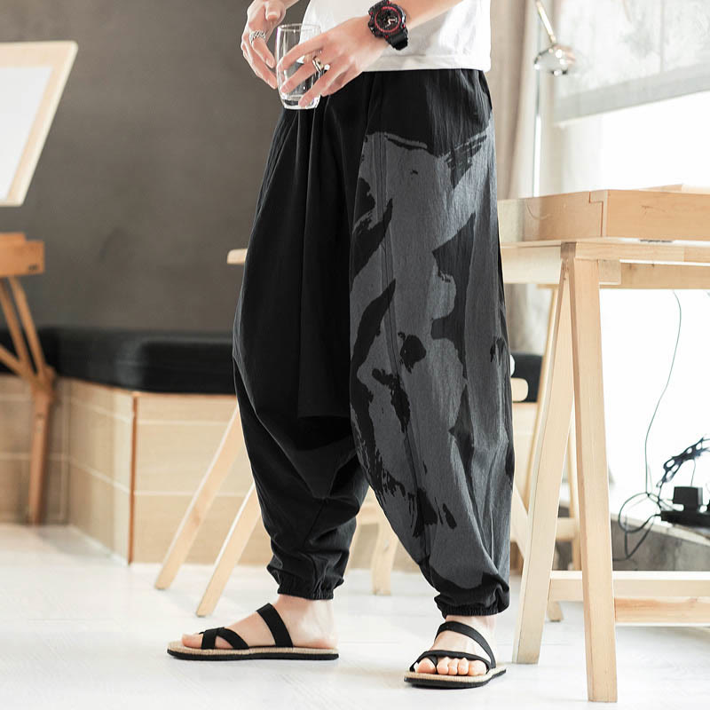 Simple Summer Calligraphy Cotton Men's Harem Pants With Pockets