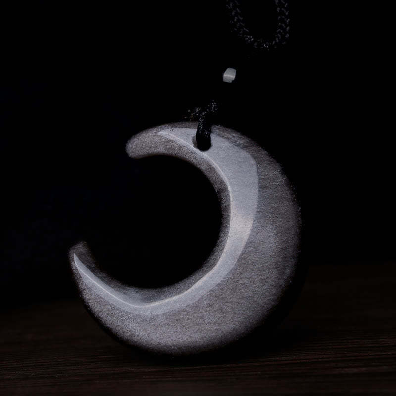 Natural Silver Sheen Obsidian Selenite Crystal Crescent Moon Yin Yang Couple Protection Necklace Pendant