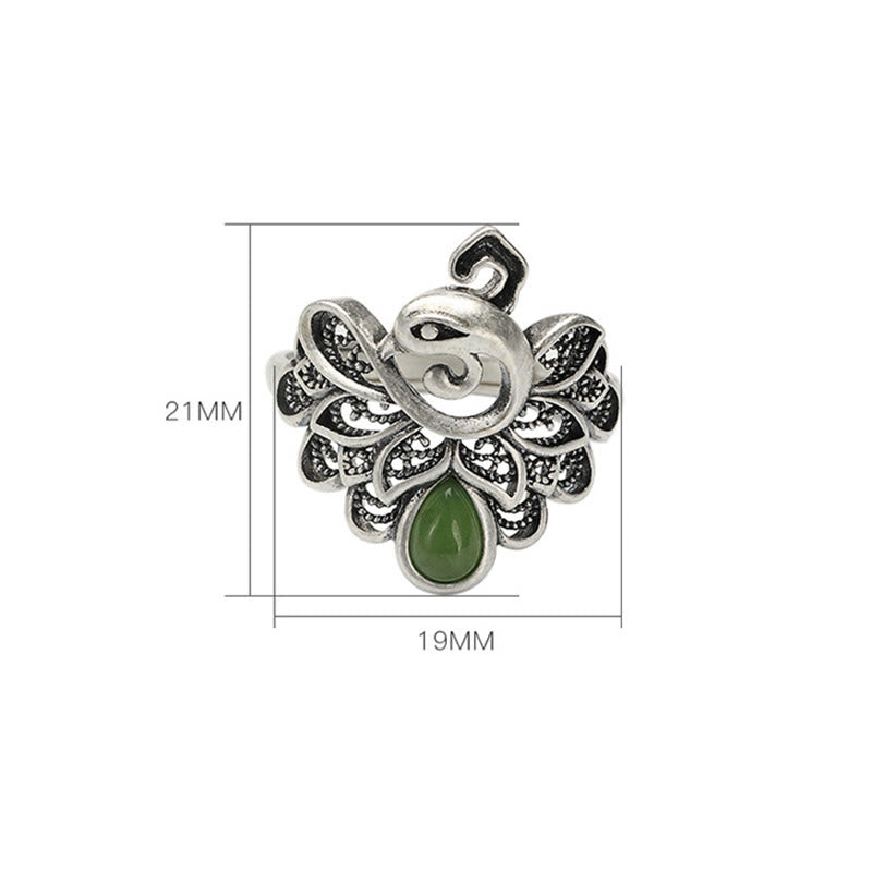 925 Sterling Silver Peacock Hetian Cyan Jade Fortune Adjustable Ring
