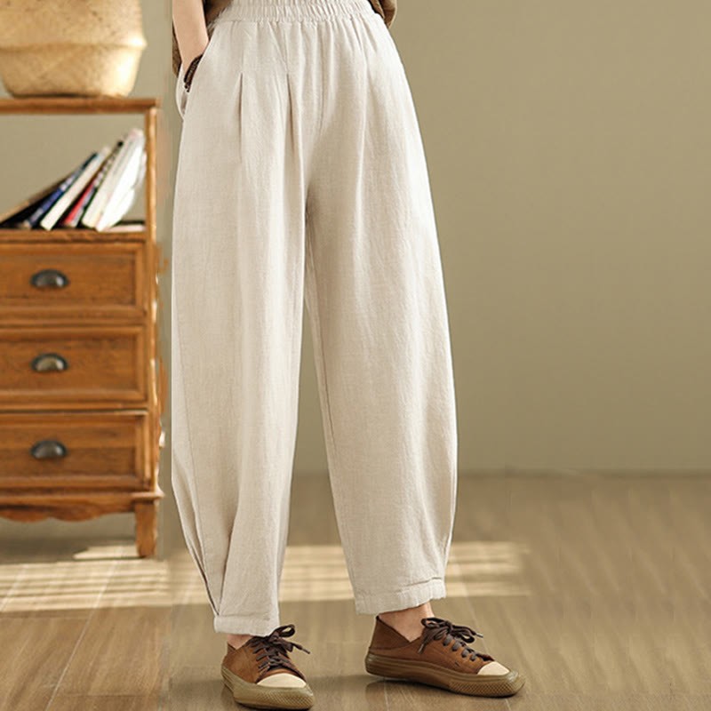 Casual Solid Color Tapered Elastic Waistband Cotton Linen Women's Pants With Pockets