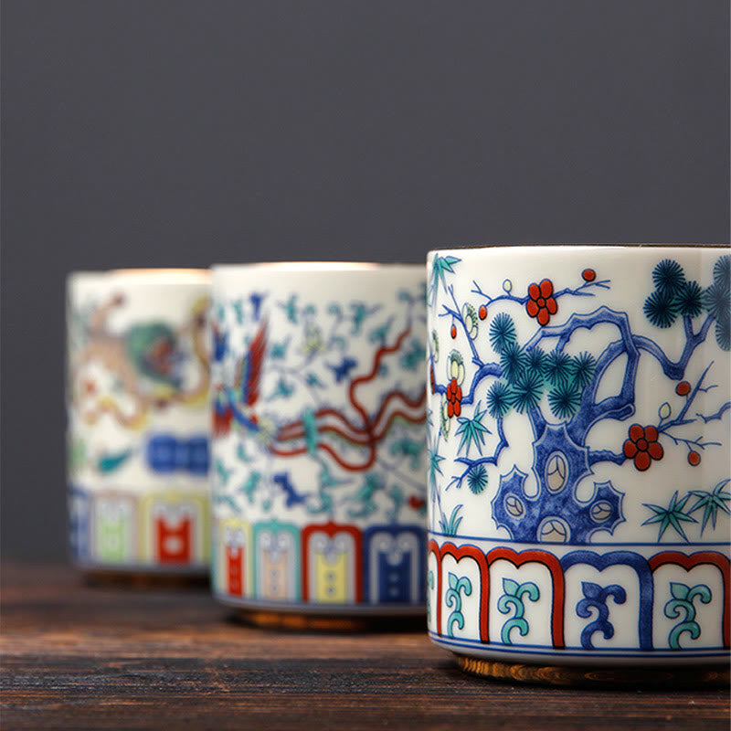 Vintage Plum Blossom Pine Bamboo Phoenix Kirin Lion Dancing Ceramic Teacup Tea Cups