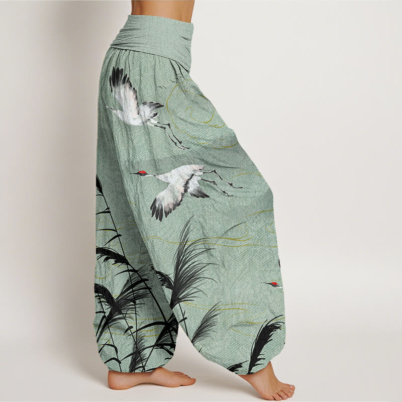 Flying Crane Auspicious Clouds Wild Grasses Mountain Pattern Women's Elastic Waist Harem Pants