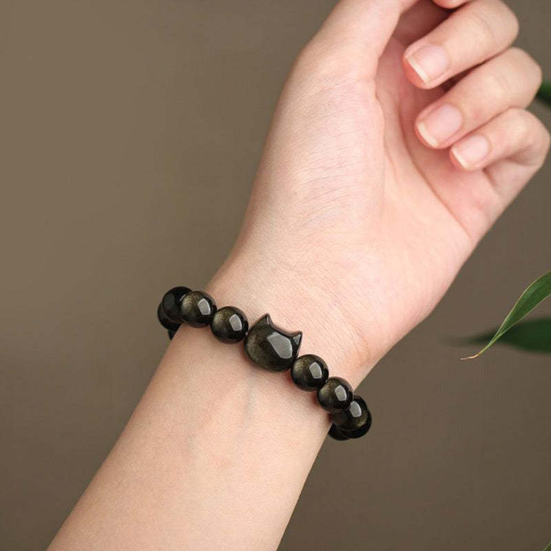Gold Sheen Obsidian Silver Sheen Obsidian Lovely Paw Lucky Cat Protection Bracelet