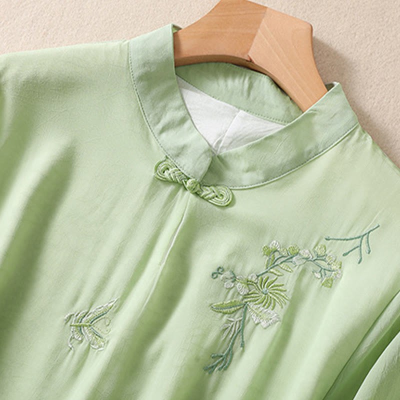 Embroidery Plants Flower Half Sleeve Plain Frog-Button Stand Collar Women's Shirt