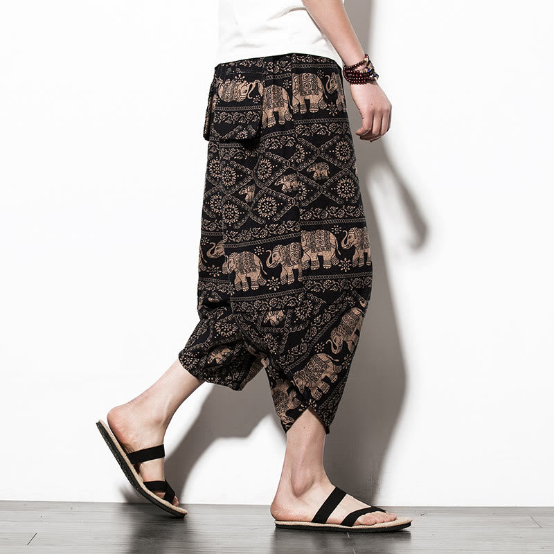 Elephant Brown Black Print Cotton Men's Long Cropped Harem Pants With Pockets