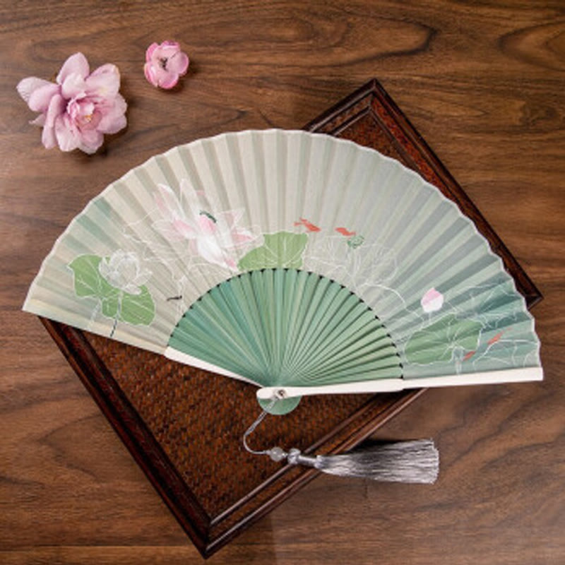 Jasmine Lotus Begonia Flowers Handheld Bamboo Folding Fan