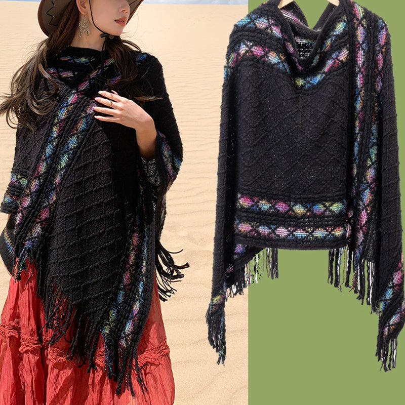 Tibetan Colorful Striped Rhombus Pattern Shawl Tassels Pullover Winter Cozy Travel Scarf Wrap