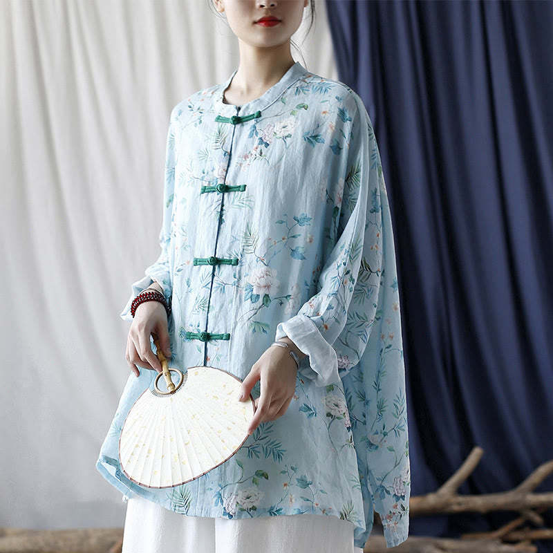 Light Green Pink Flowers Green Leaves Frog-Button Long Sleeve Ramie Linen Jacket Shirt
