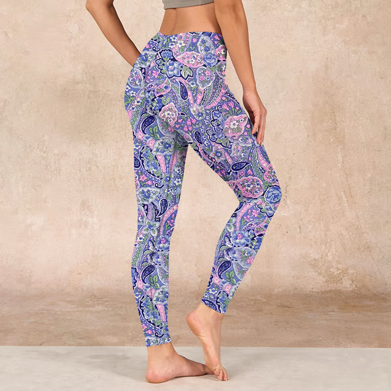 Purple Pink Cashew Flower Print Gym Fitness Leggings Women's Yoga Pants