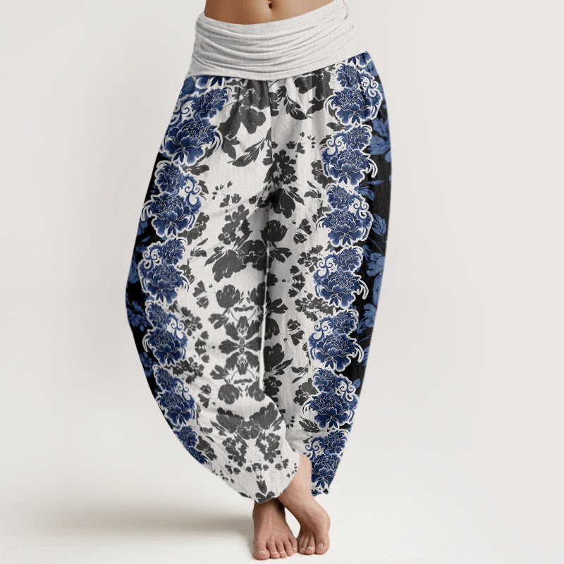 Peony Totem Pattern Women's Elastic Waist Harem Pants