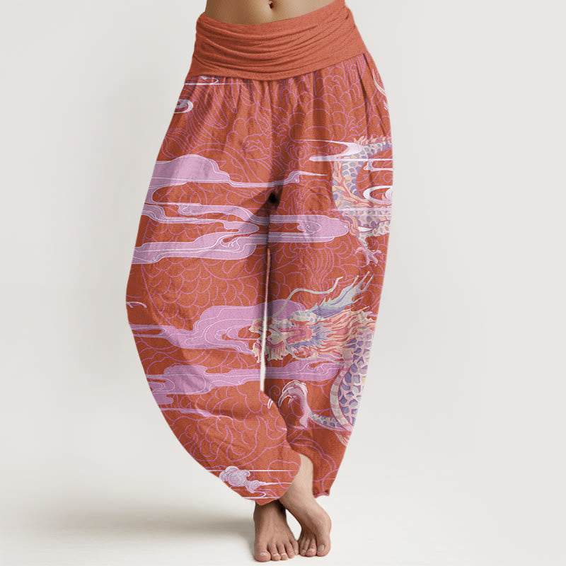 Casual Dragon Auspicious Clouds Pattern Women's Elastic Waist Harem Pants