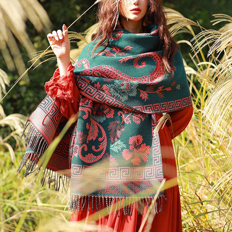 Tibetan Flowers Leaves Pattern Design Shawl Cozy Travel Scarf Wrap