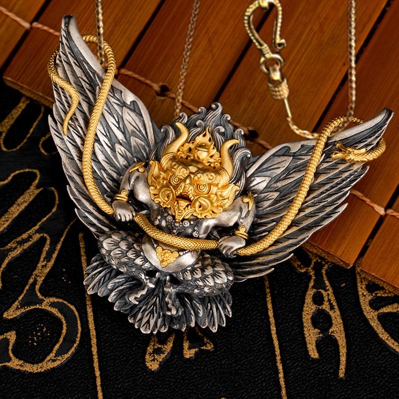 925 Sterling Silver Tibetan Garuda Bird Dragon Snake Wisdom Necklace Pendant
