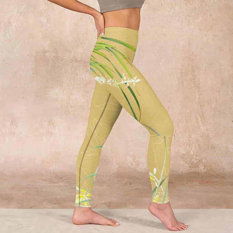 Yellow Orchid Flowers Weeping Leaves Print Gym Leggings Women's Yoga Pants