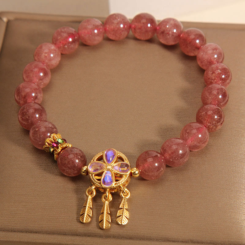 Natural Strawberry Quartz Four Leaf Clover Dreamcatcher Charm Love Bracelet