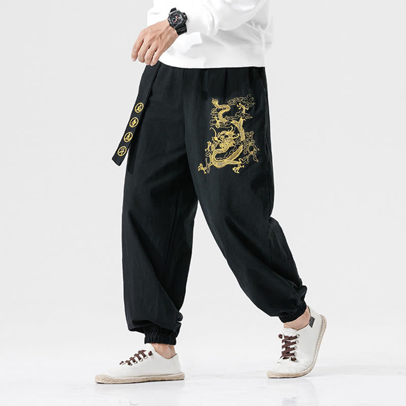 Auspicious Clouds Dragon Cotton Men's Pants With Pockets