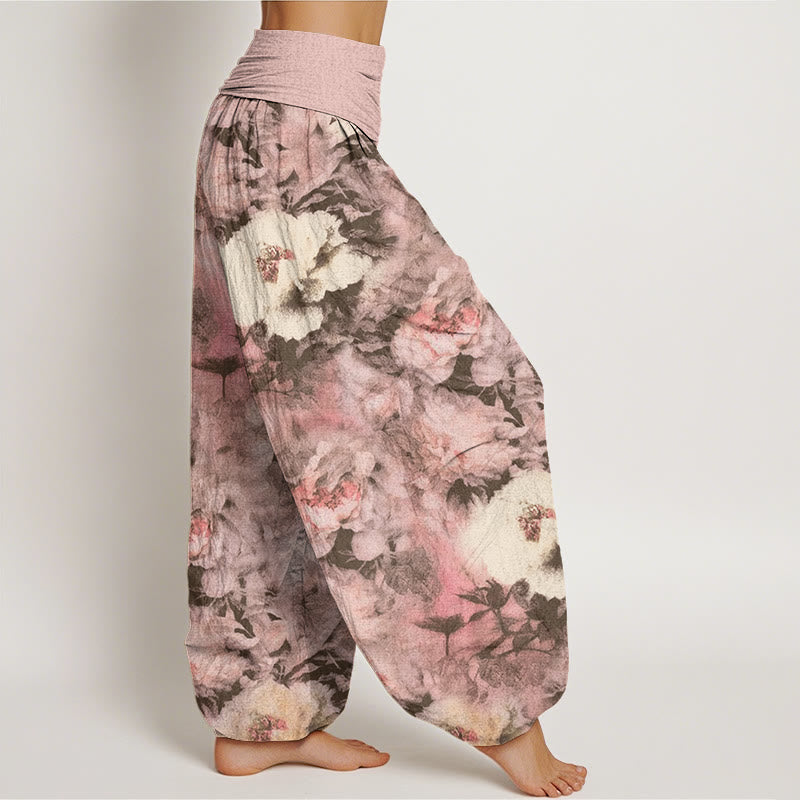 Casual Elegant Peony Flowers Women's Elastic Waist Harem Pants