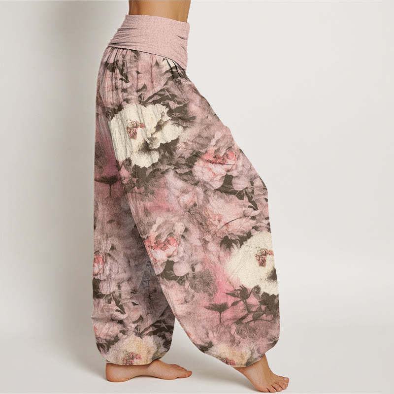 Casual Elegant Peony Flowers Women's Elastic Waist Harem Pants
