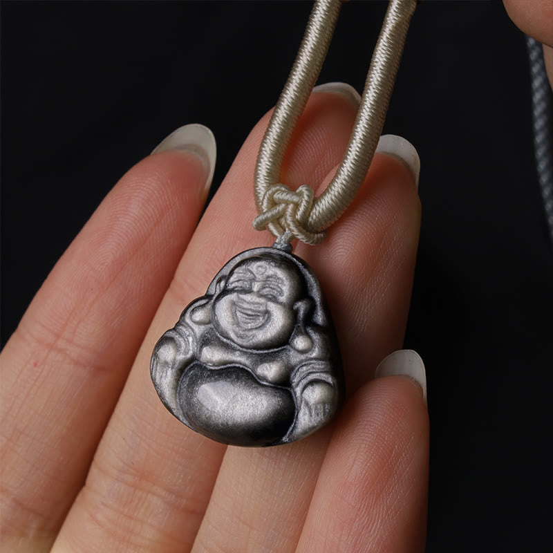 Natural Silver Sheen Obsidian Laughing mystic zen Protection Necklace Pendant