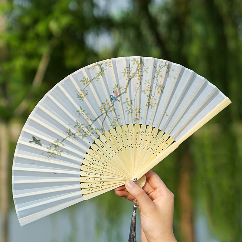 Classic Birds Singing Flowers Handheld Bamboo Folding Fan