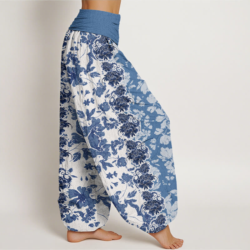 Peony Totem Pattern Women's Elastic Waist Harem Pants