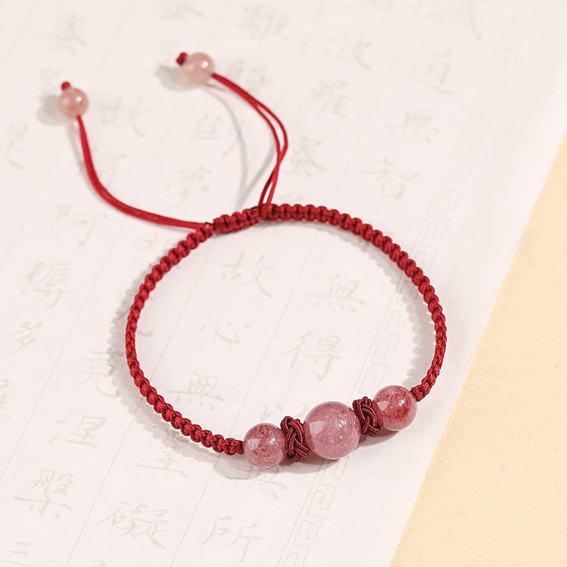 Natural Strawberry Quartz Crystal Love Red String Weave Bracelet Anklet