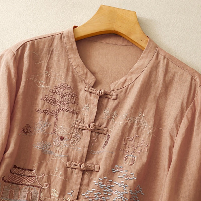 Casual Women's Frog-Button Embroidered Plant Crew Neck Design Three Quarter Sleeve Cotton Shirt