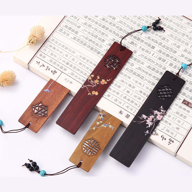 4Pcs Four Seasons Plum Orchid Bamboo Chrysanthemum Peking Opera Mask Wood Bookmarks With Gift Box