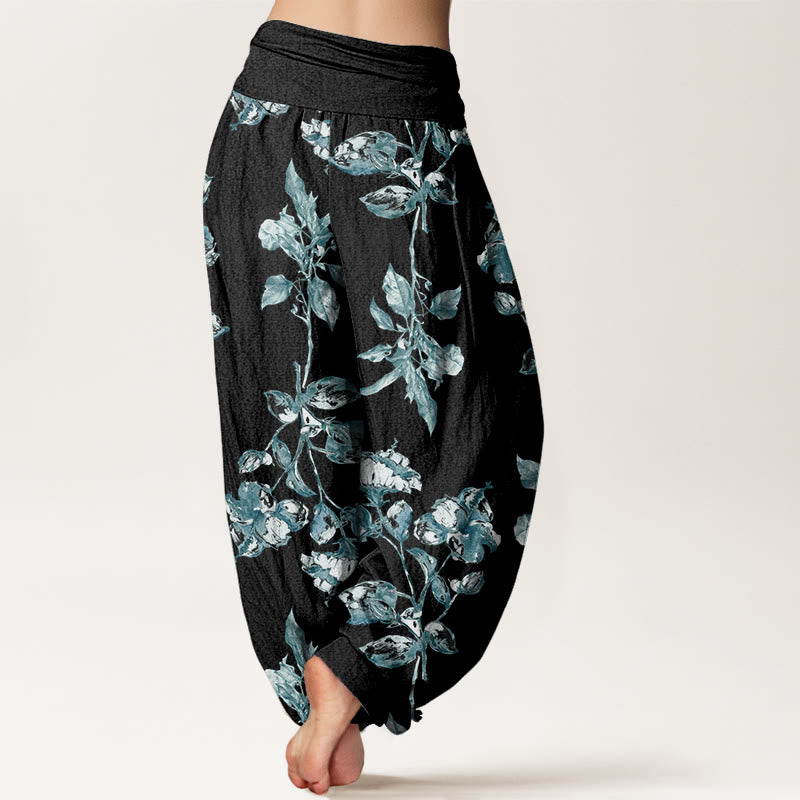 Rose Flowers Pattern Women's Elastic Waist Harem Pants