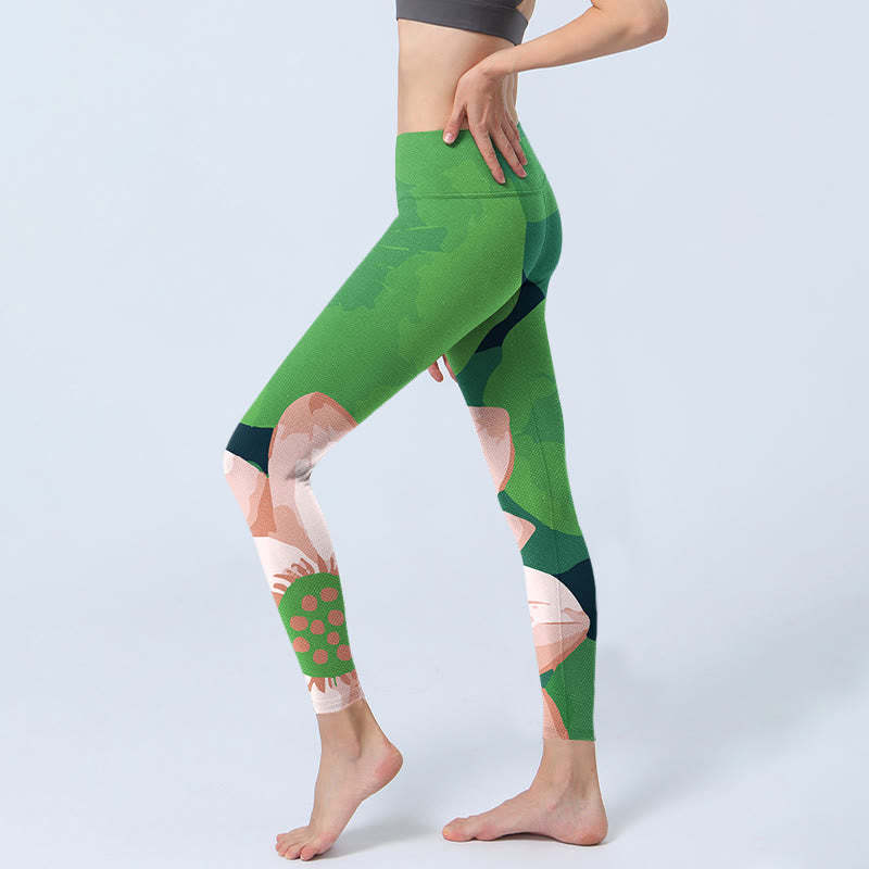 Green Lotus Flower Leaf Print Sports Fitness Leggings Women's Yoga Pants