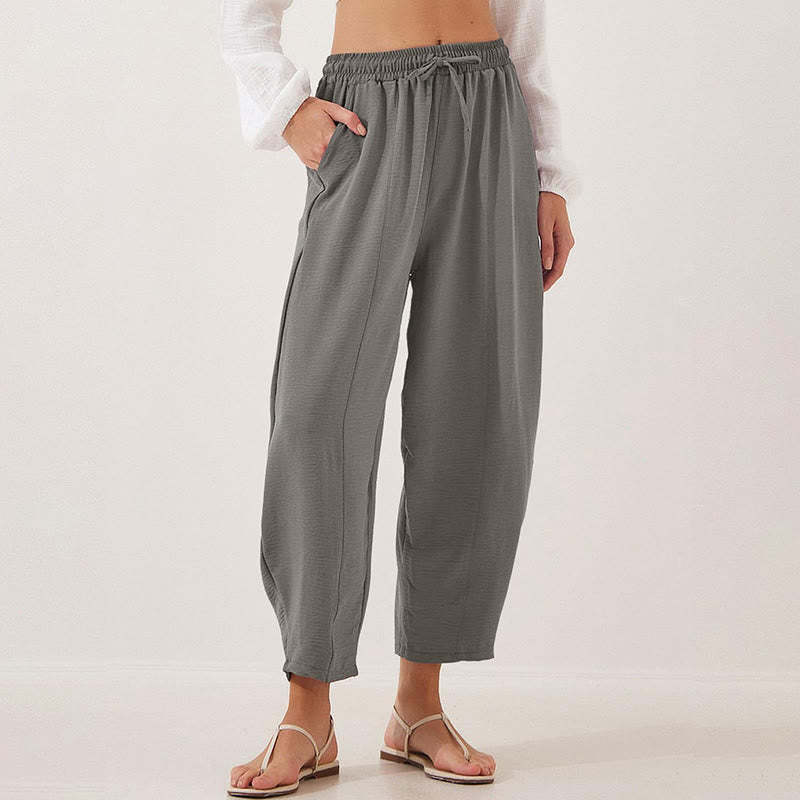 Casual Plain Loose Drawstring Women's Polyester 7/8 Length Pants  With Pockets