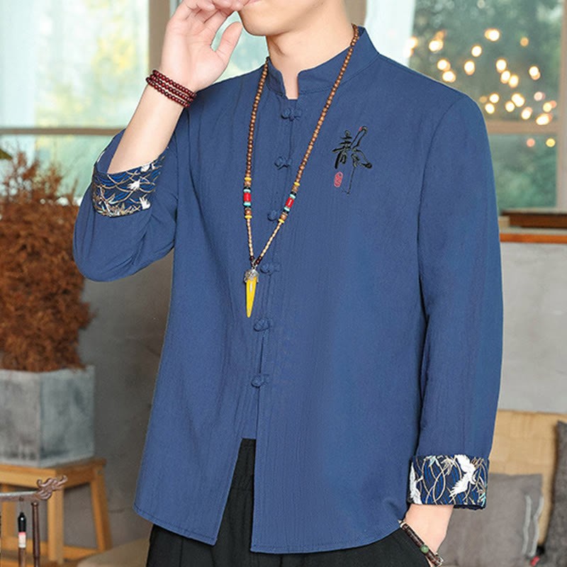 Fall Solid Long Sleeve Frog-Button Shirt Linen Men Zen Clothing