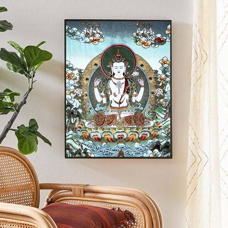 Tibetan Embroidery White Tara Thangka Tapestry Wall Hanging Wall Art Meditation for Home Decor