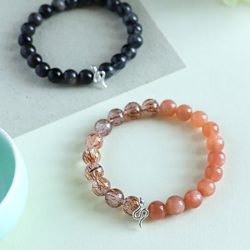 Natural Sun Stone Super Seven Crystal Silver Sheen Obsidian Rutilated Quartz 925 Sterling Silver Year Of The Snake Positive Bracelet