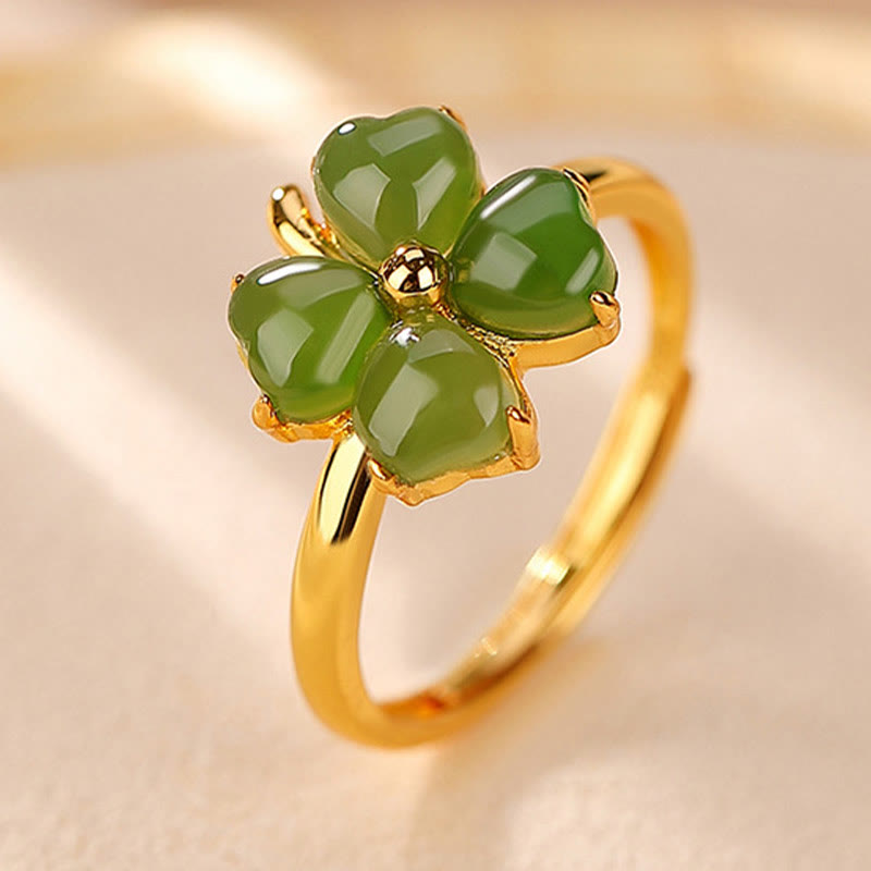 925 Sterling Silver Plated Gold Clover Hetian Cyan Jade Abundance Adjustable Ring