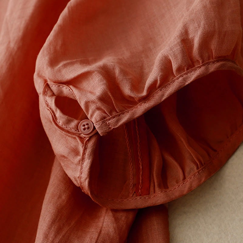 Vintage Casual Pure Leaf Embroidery V-Neck Half Sleeve Cotton Linen Women's T-Shirt