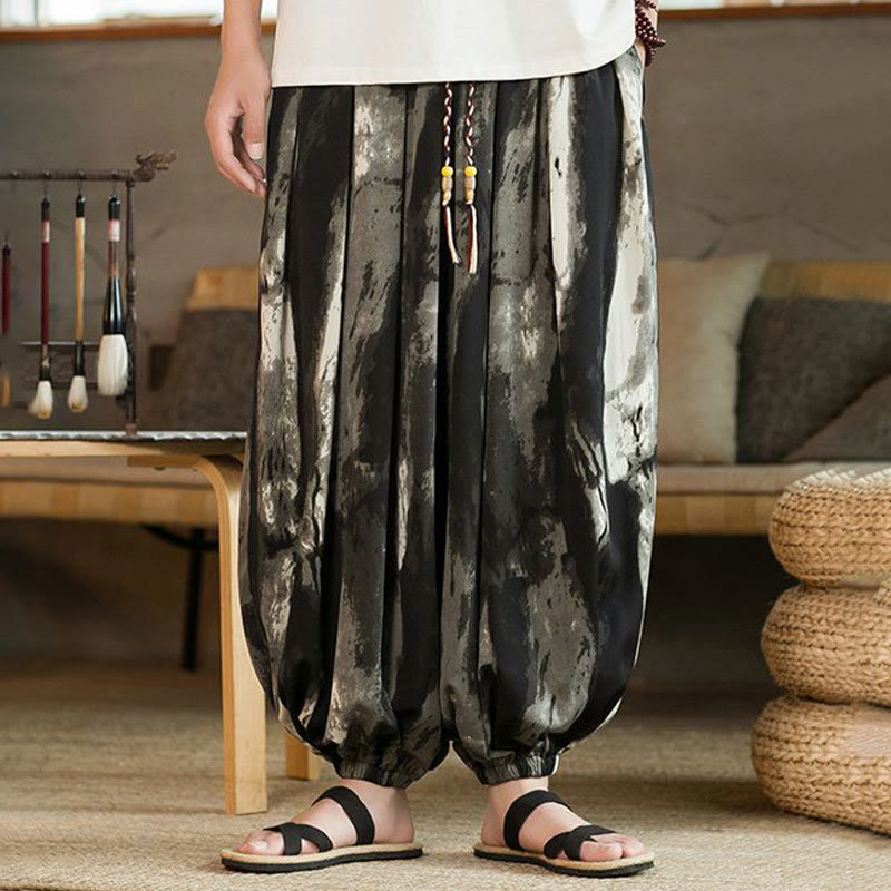 Black White Ink Gradient Cotton Linen Braided Drawstring Men's Harem Pants With Pockets