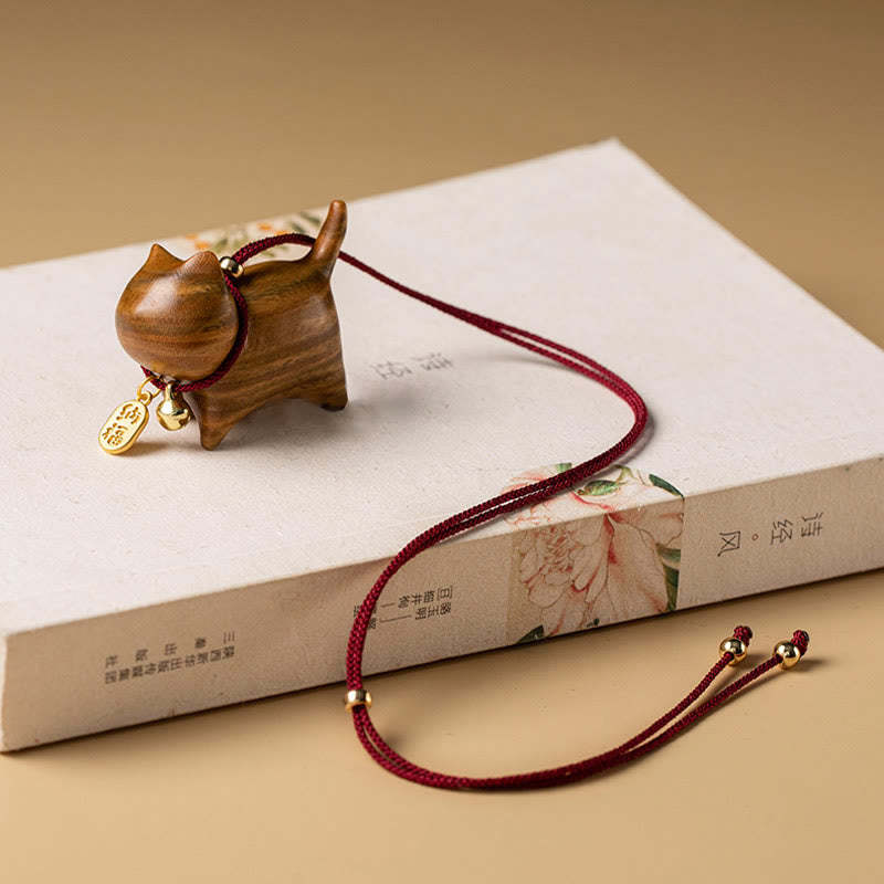 Ebony Wood Green Sandalwood Lucky Cat Fu Character Lucky Fortune Bell Balance Car Hanging Decoration