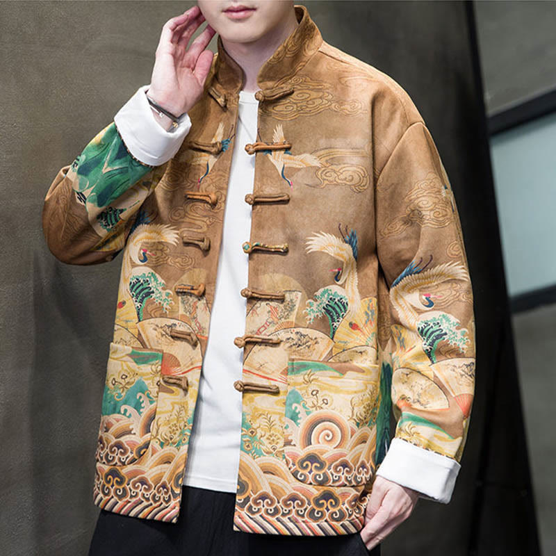 Frog-Button Chinese Tang Suit Crane Character Long Shirt Cotton Suede Men Jacket Clothing