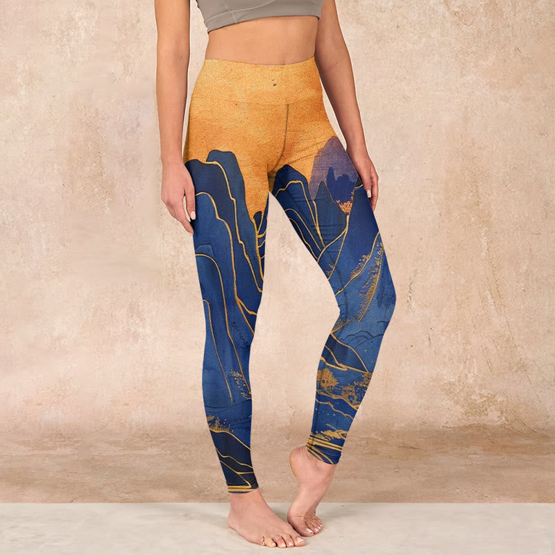 Dark Blue Mountain Sunset Print Fitness Leggings Women's Yoga Pants