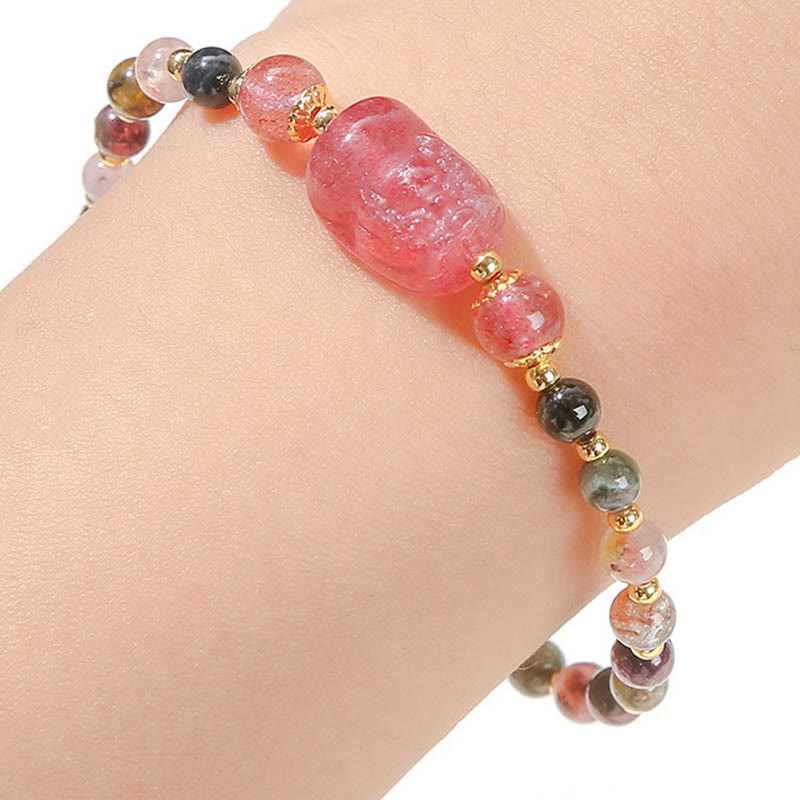 Moonstone Strawberry Quartz Tourmaline PiXiu Healing Bracelet