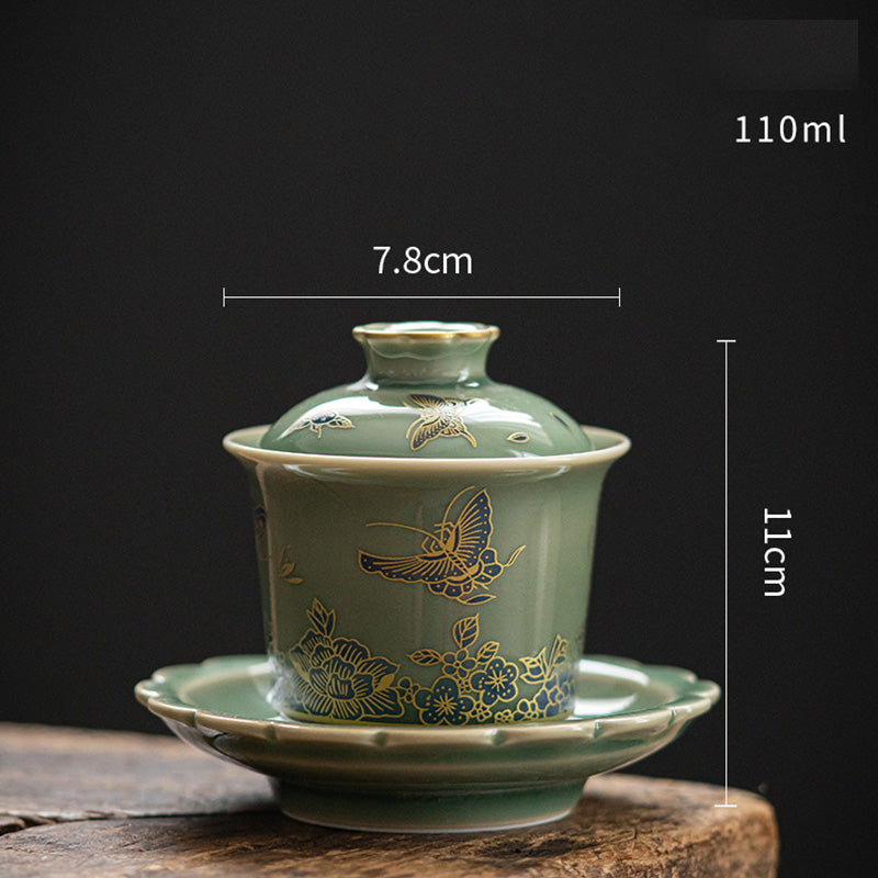 Green Porcelain Butterfly Flower Salmon Fish Ceramic Gaiwan Sancai Teacup Kung Fu Tea Cup And Saucer With Lid