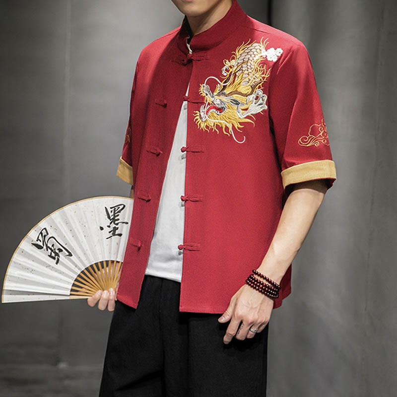 Frog-Button Chinese Dragon Auspicious Cloud Embroidery Half Sleeve Shirt Cotton Linen Men Clothing