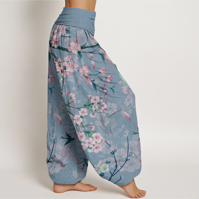 Peach Blossoms Flying Geese Pattern Women's Elastic Waist Harem Pants
