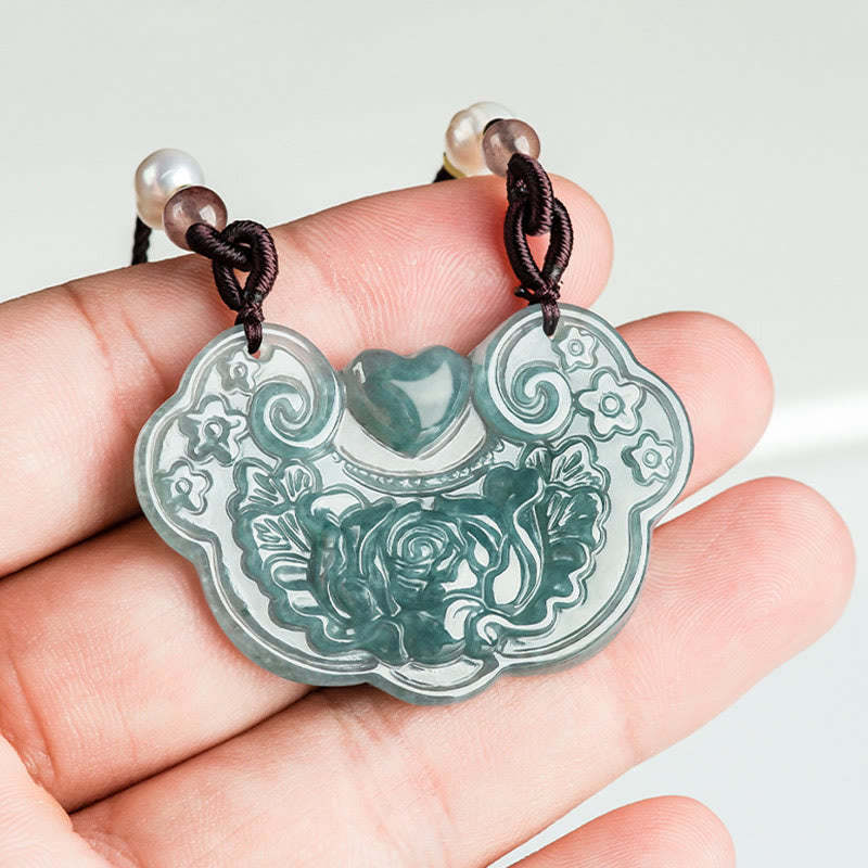 Natural Jade Peony Flower Lock of Good Wishes Prosperity Necklace Pendant