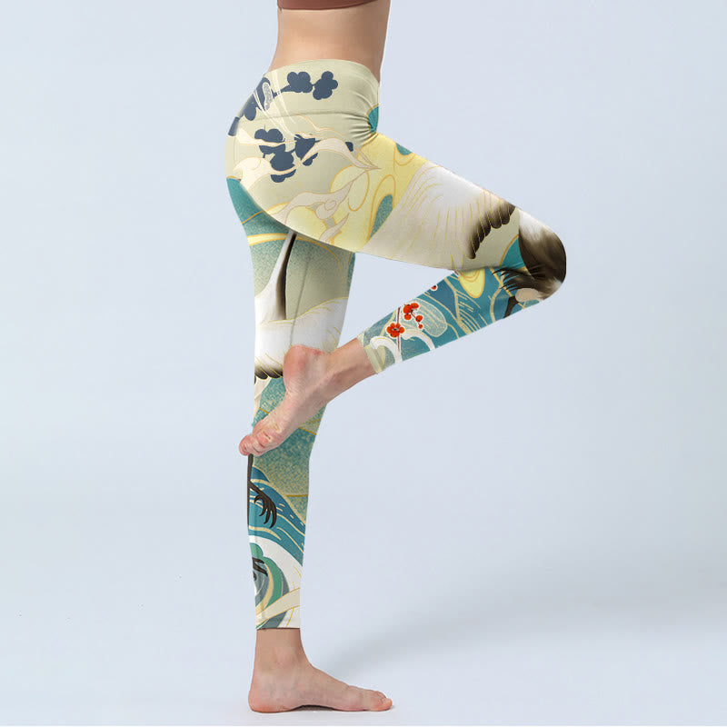 Cranes Plum Blossoms Mountains Print Gym Leggings Women's Yoga Pants