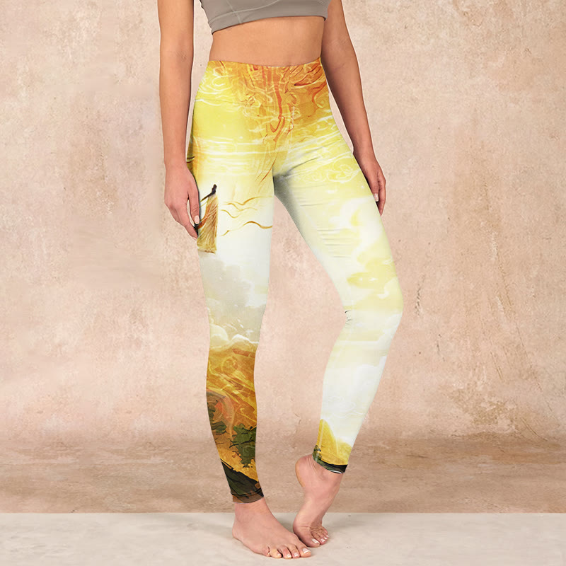 Golden Auspicious Cloud Figure Print Fitness Leggings Women's Yoga Pants
