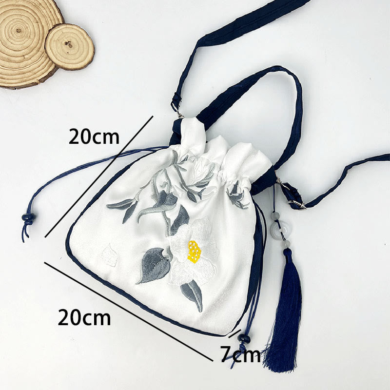 Embroidered Lotus Koi Fish Crane Camellia Cotton Linen Tote Crossbody Bag Shoulder Bag Handbag