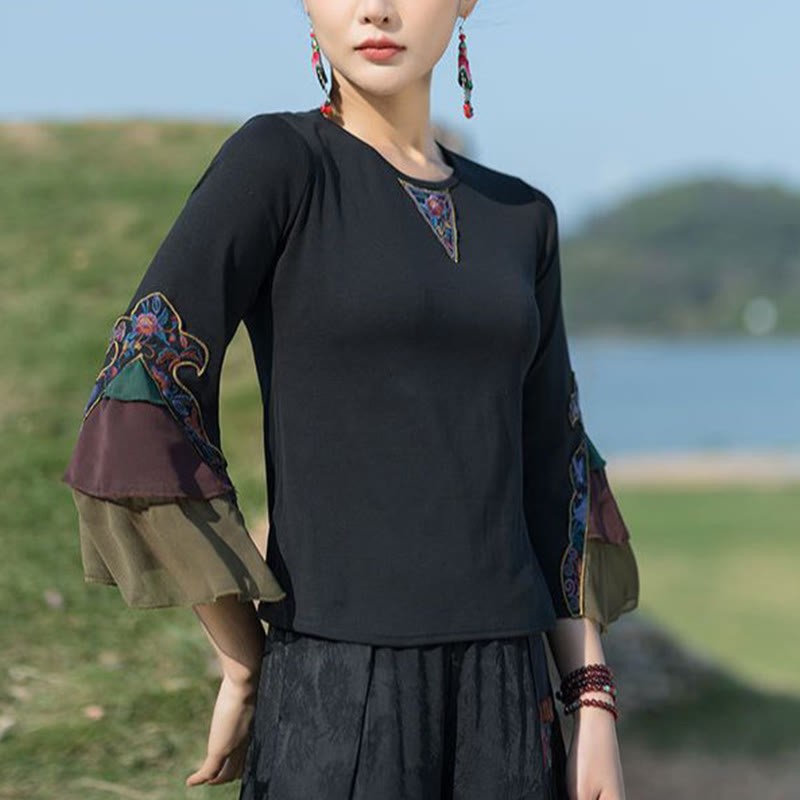 Embroidery Flower T-shirt Three Quarter Bell Flare Sleeves Cotton Top Tee