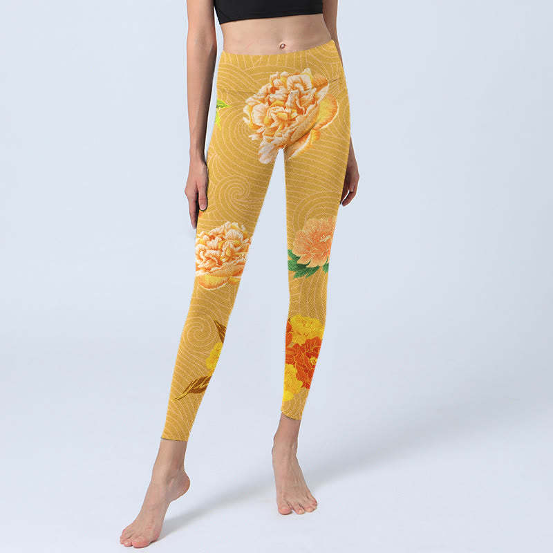Vibrant Rose Flowers Print Gym Leggings Women's Yoga Pants